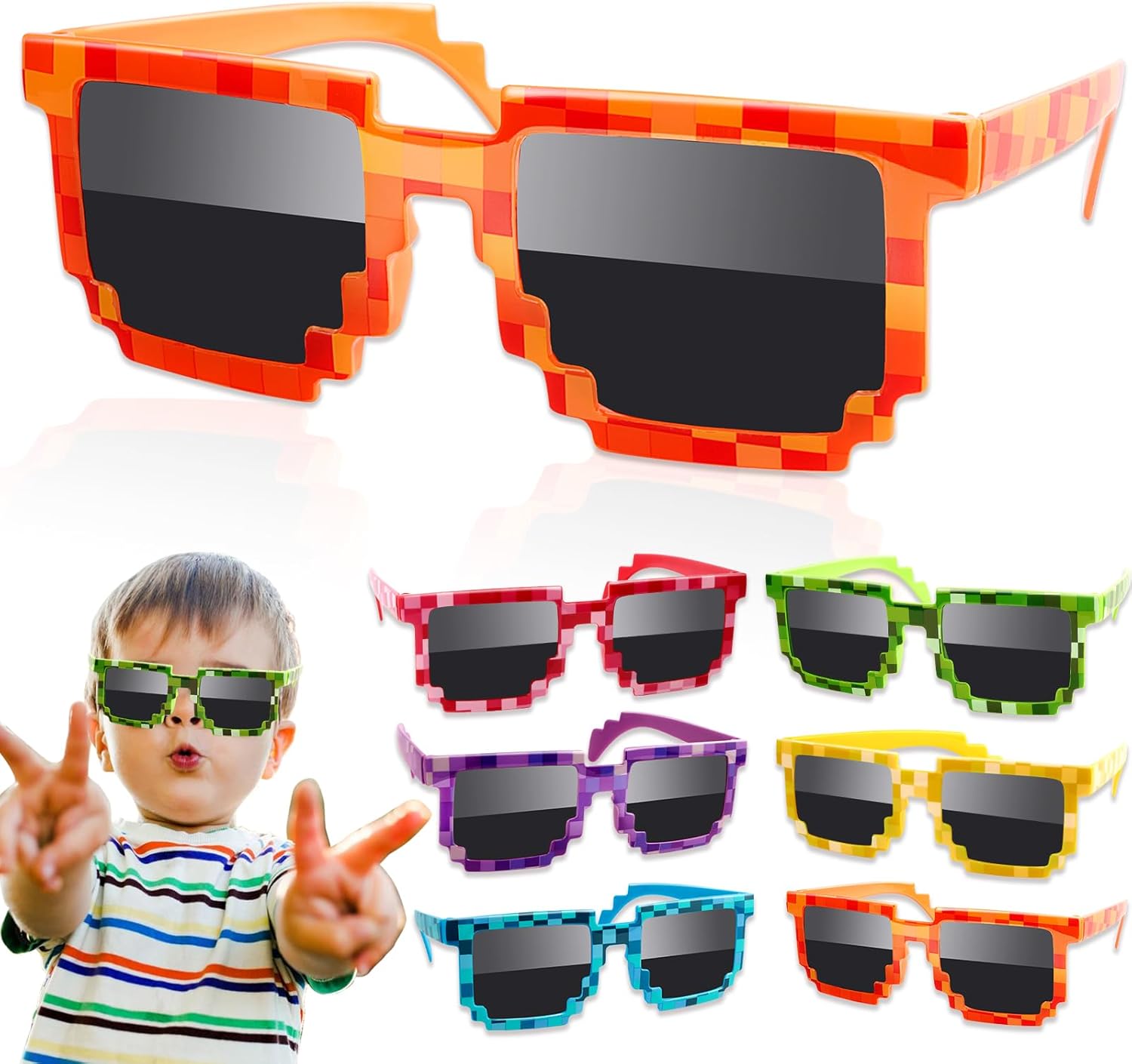 Pixel Sunglasses 12 Pairs Colorful Glasses for Kids and Adults, Party Favors for Birthdays and Game Events